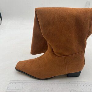 Brown  Women Square Toe Knee High Boots Wide Calf Low Chunky Heel Long Boots